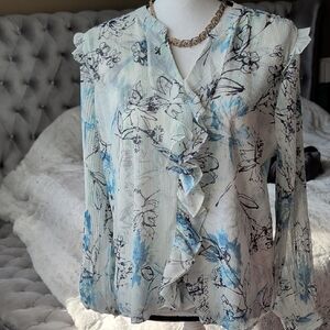 Milano Floral Ruffle Blouse - Light Blue and White